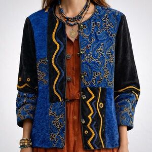 Boho Chic Indiepop Woven Statement Artistic Indigo MoonTapestry Jacket [size L]